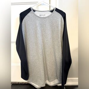 BYLT baseball long sleeve tee shirt, gray & navy